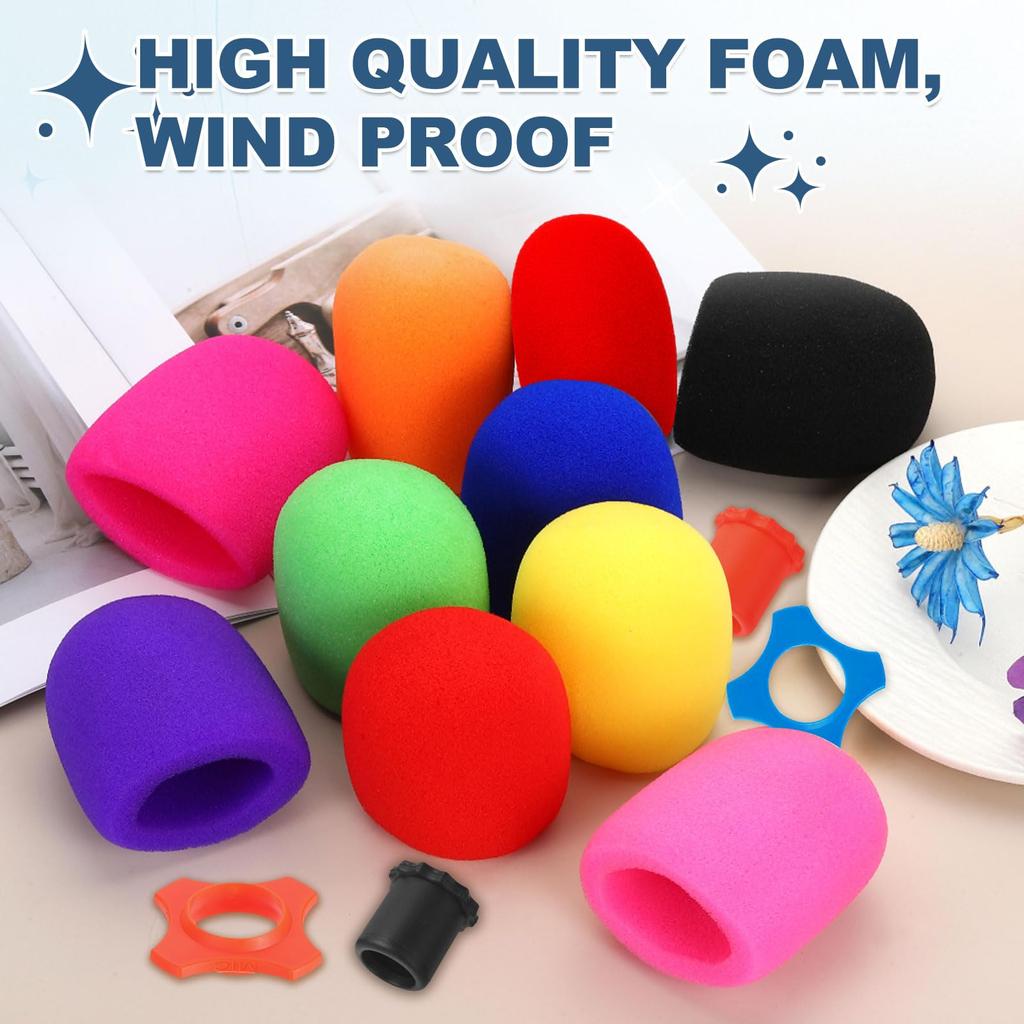 Uxcell 8-Piece Set Microphone Cover Foam Windscreen 1.34 Inch Microphone Protection with Silicone Ring & Anti-Tip Bottom Sleeve Holder for Karaoke,