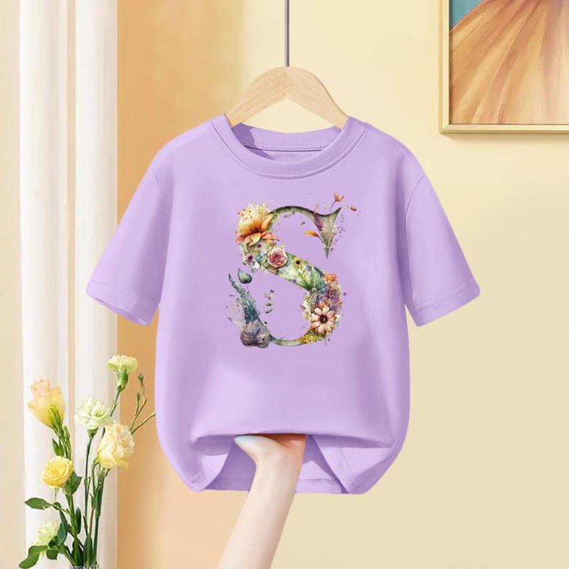 Mädchen T-Shirt 26 Englische Buchstaben A B C D Kindermode Blume T-Shirt Kinder Benutzerdefinierter Name Buchstabe Sommer Lila Kleidung