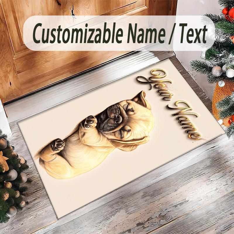 Pug Theme Crystal Velvet Floor Rug Personalized Custom Name Text Warm Carpet Home Decoration