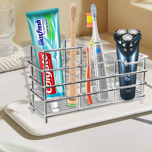 Gelrova Stainless Steel Toothbrush Stand, Freestanding Toothbrush Holder, Made of 304 Stainless Steel, Rust-Resistant and Multifunctional