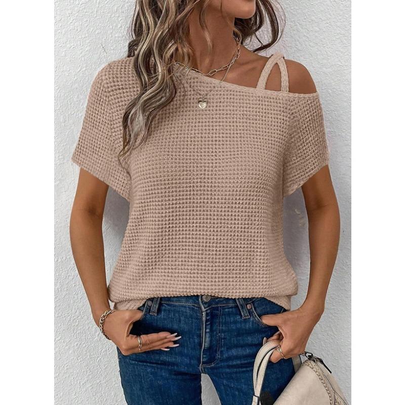 Short-sleeved Solid Tops for Women Summer New Styles Versatile Off-shoulder Knitted Women's Clothing