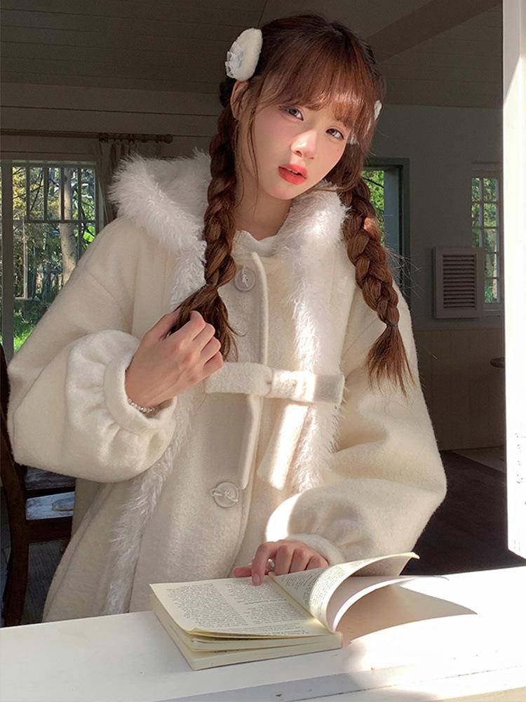 Women's White Wool Hooded Overcoat - Long Sleeve, Loose Fit, 2024 Autumn/Winter