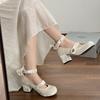 2024 Bow Mary Jane Women Pumps Thick High Heels Shoes Female Lolita Square Toe Shoes Spring Fashion Party Leather Woman Shoes