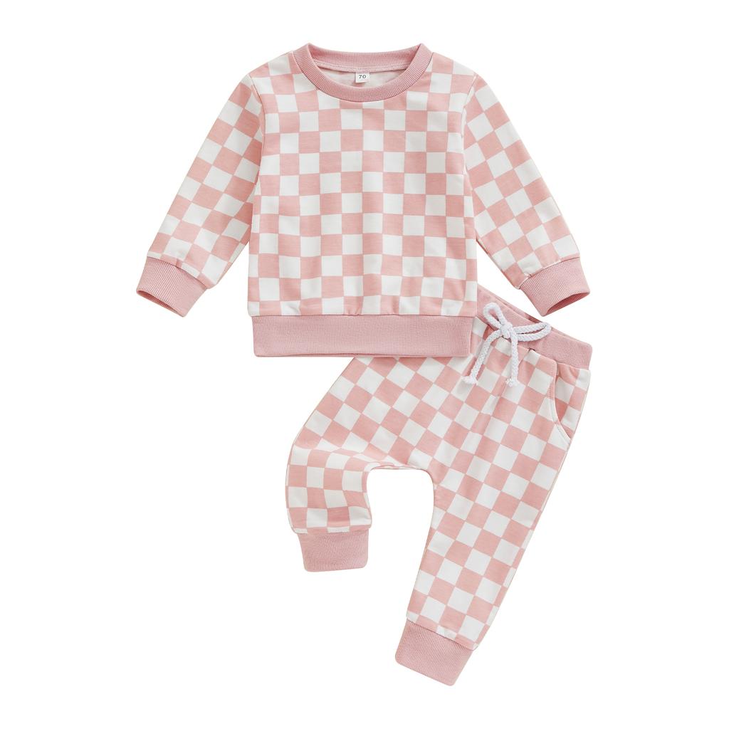 Little Girls 2PCS Fall Sets Long Sleeve O Neck Checkerboard Print Tops Drawstring Pants