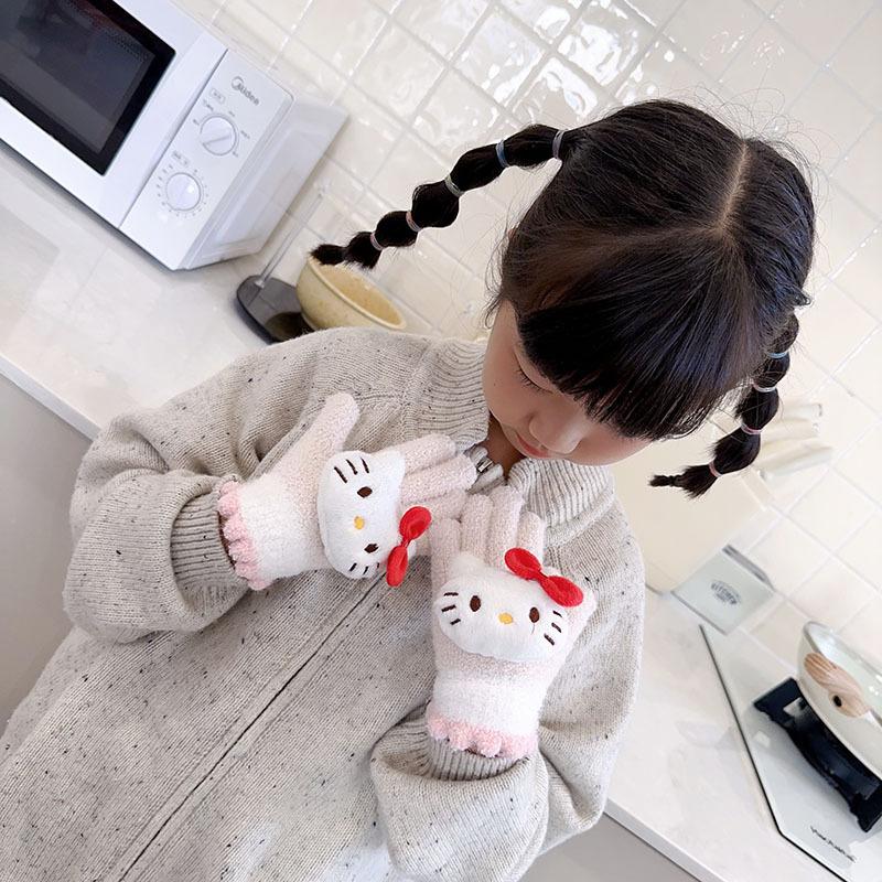 Winter Neue Farbblockierte Kinderhandschuhe Cartoon Niedlich Kt Katze Sanrio Warme Handschuhe Plüsch Fingerhandschuhe