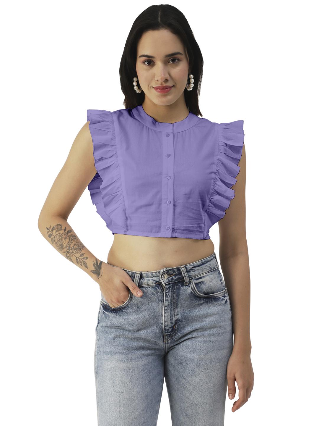 

Moomaya Button Down Solid Cotton Crop Top, Frilled Sleeve Tops Summer XS Фіолетовий