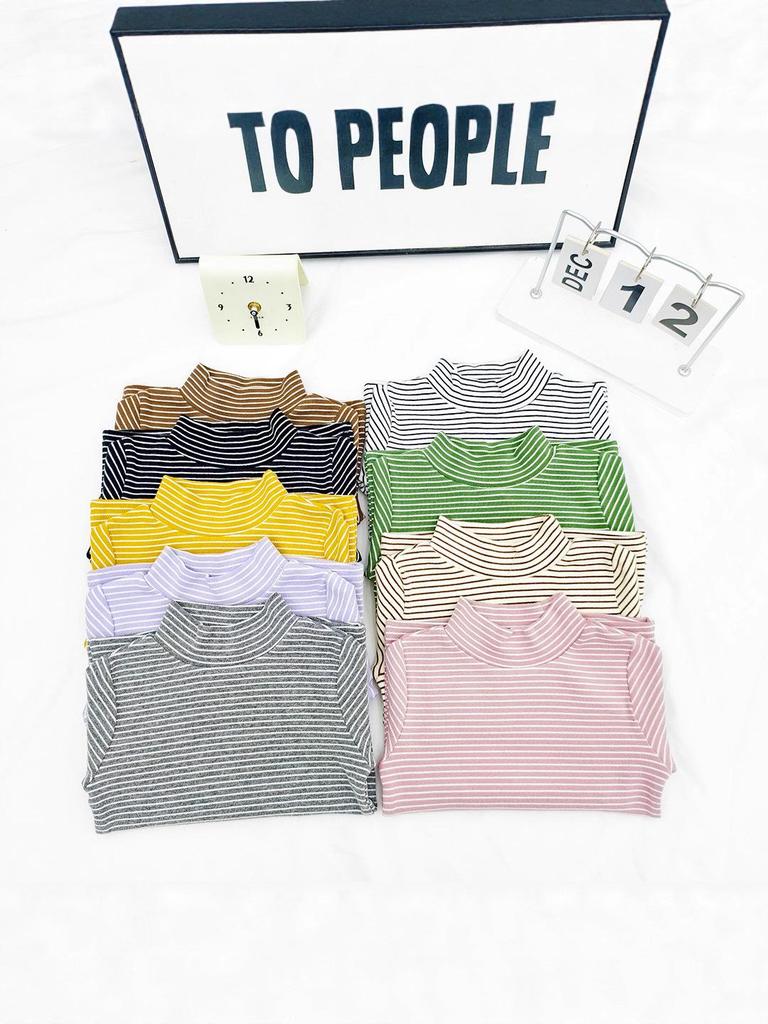 Kids' and Parents' Striped Long Sleeve T-shirt - Semi-High Collar Elastic Layer for Autumn/Winter