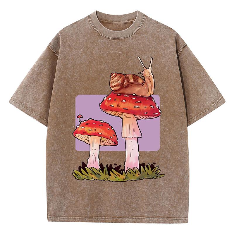 Snail Mushroom Creative Printed Womens Washed T Shirts Cotton Hip Hop T-Shirt Casual Y2K Soft Sportswear Loose Clothes