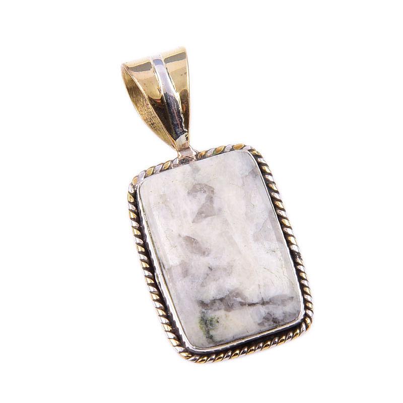 Natural Jasper Gemstone 925 Solid Sterling Silver Two Tone Pendant 1.25" w8g67
