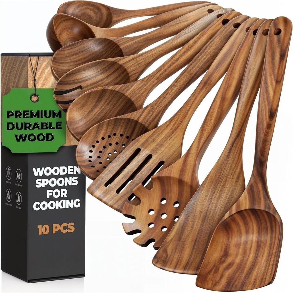 Thai Teak Acacia Wood Rice Spoon & Non-Stick Frying Pan Shovel Set with Long Handles.