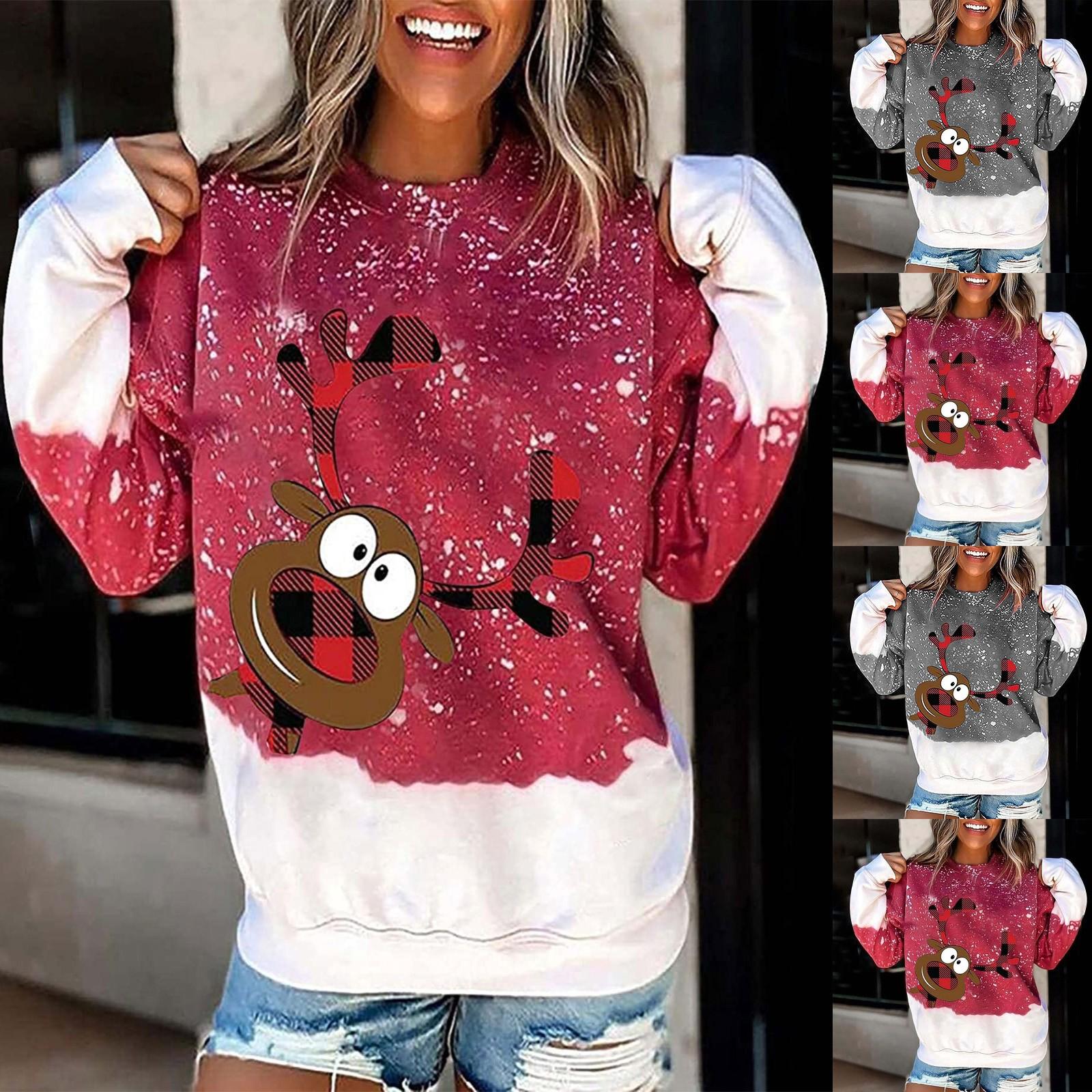 

Fashion Womens Loose Christmas Snow For Print Round Neck Long Sleeve Casual Tops