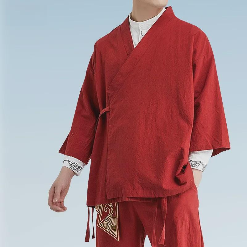 Men's Zen Buddhist Hanfu: Cotton & Linen Taoist Robe, Three-Quarter Sleeve, Spring/Autumn Ancient Style Tea Jacket