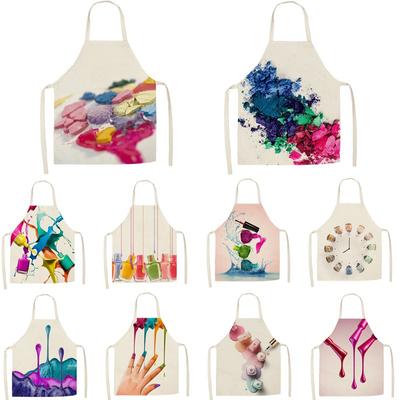 New Linen Colorful Nail Polish Cosmetics Theme Print Kitchen Aprons Unisex Dinner Party Cooking Bib Funny Cleaning Apron Barber