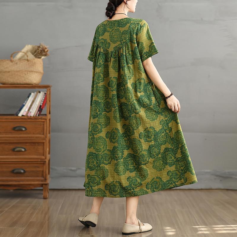 DIMANAF 2025 Summer Plus Size Vintage Dress Women Casual Dress Loose Basic Floral Printing Short Sleeve Long Dress