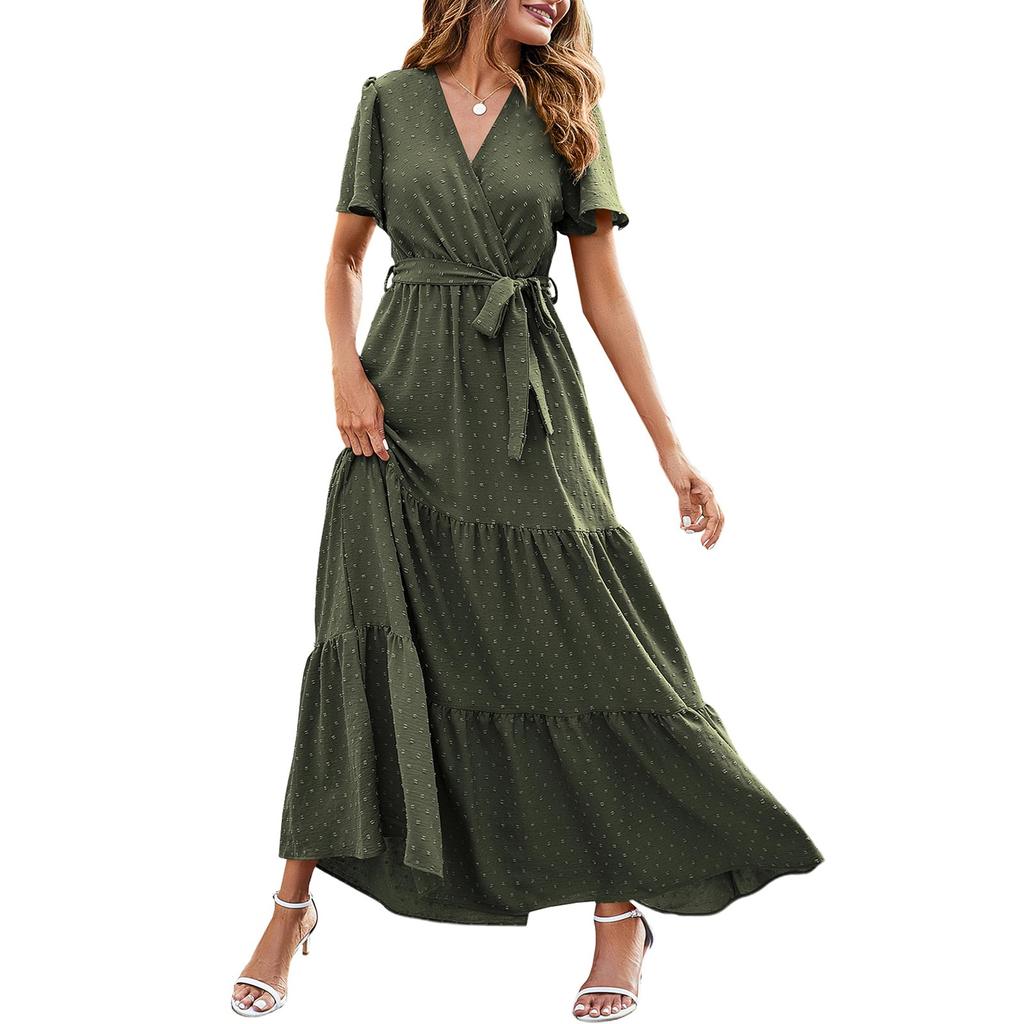 Women's Summer Bohemian Dot V-Neck Floating Short Sleeve Solid Color Tie Dresses
