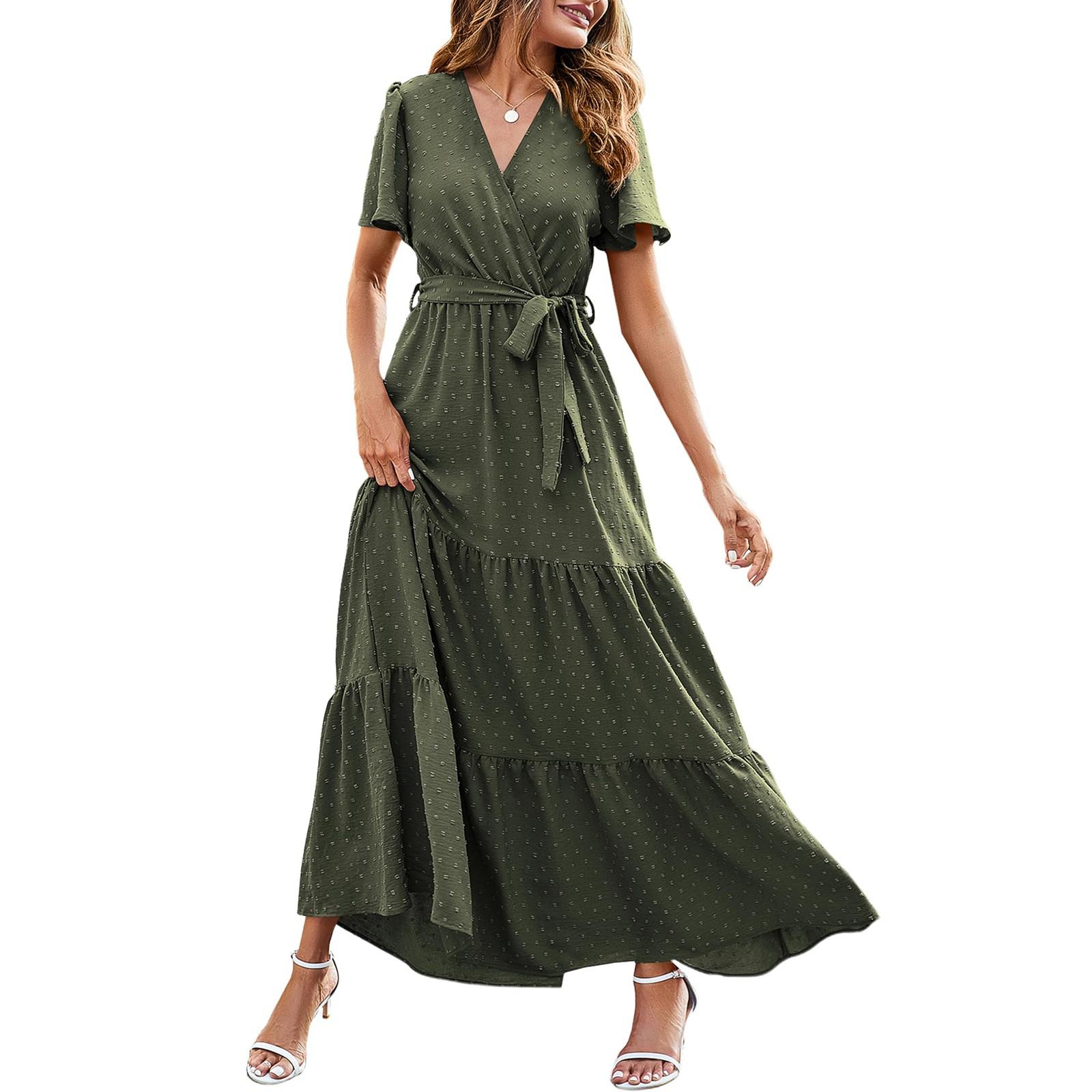 

Женские летние платья в стиле бохо с V-образным вырезом, короткими рукавами и однотонным галстуком L армия зеленый