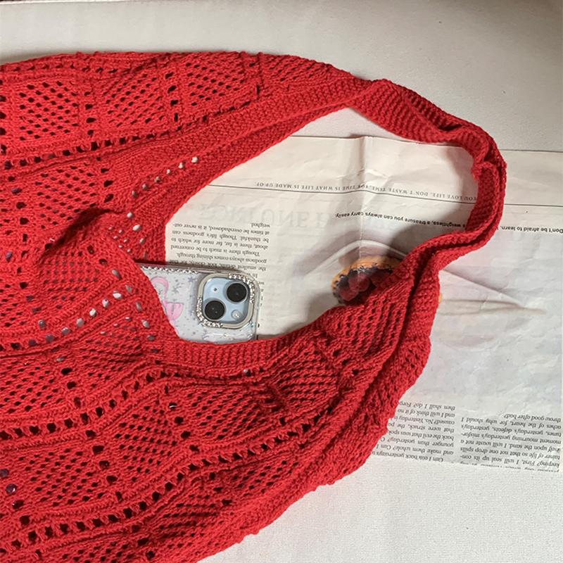 Yogodlns Retro Knitted Net Bag Shoulder Tote Beach Holiday Women's Bag Weaving Art Style Casual Minimalist Polyester Handbags