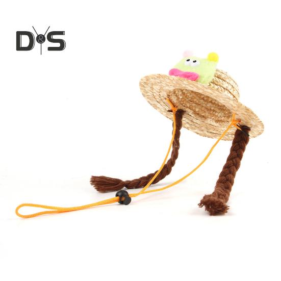 Pet Braided Hat Dog Straw Woven Hat Adjustable Pet Summer Shade Hat with Cute Frog Doll Pet Dress Up Prop Outing Headwear