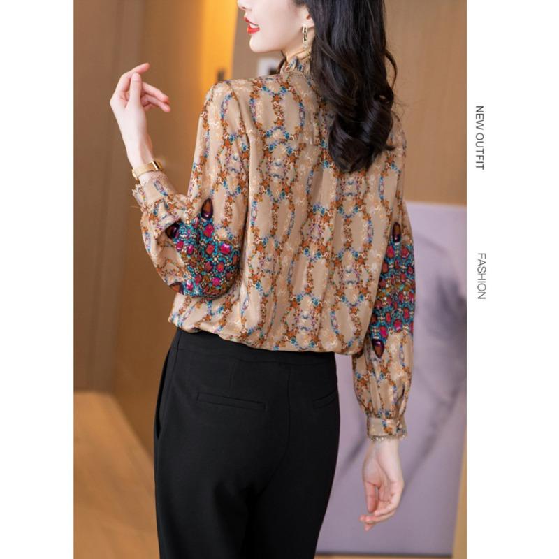 Women Stylish Floral Print Ruffle V Neck Blouse Elegant Chic Sequins Lace Patchwork Chiffon Shirt Casual Long Sleeve Loose Tops
