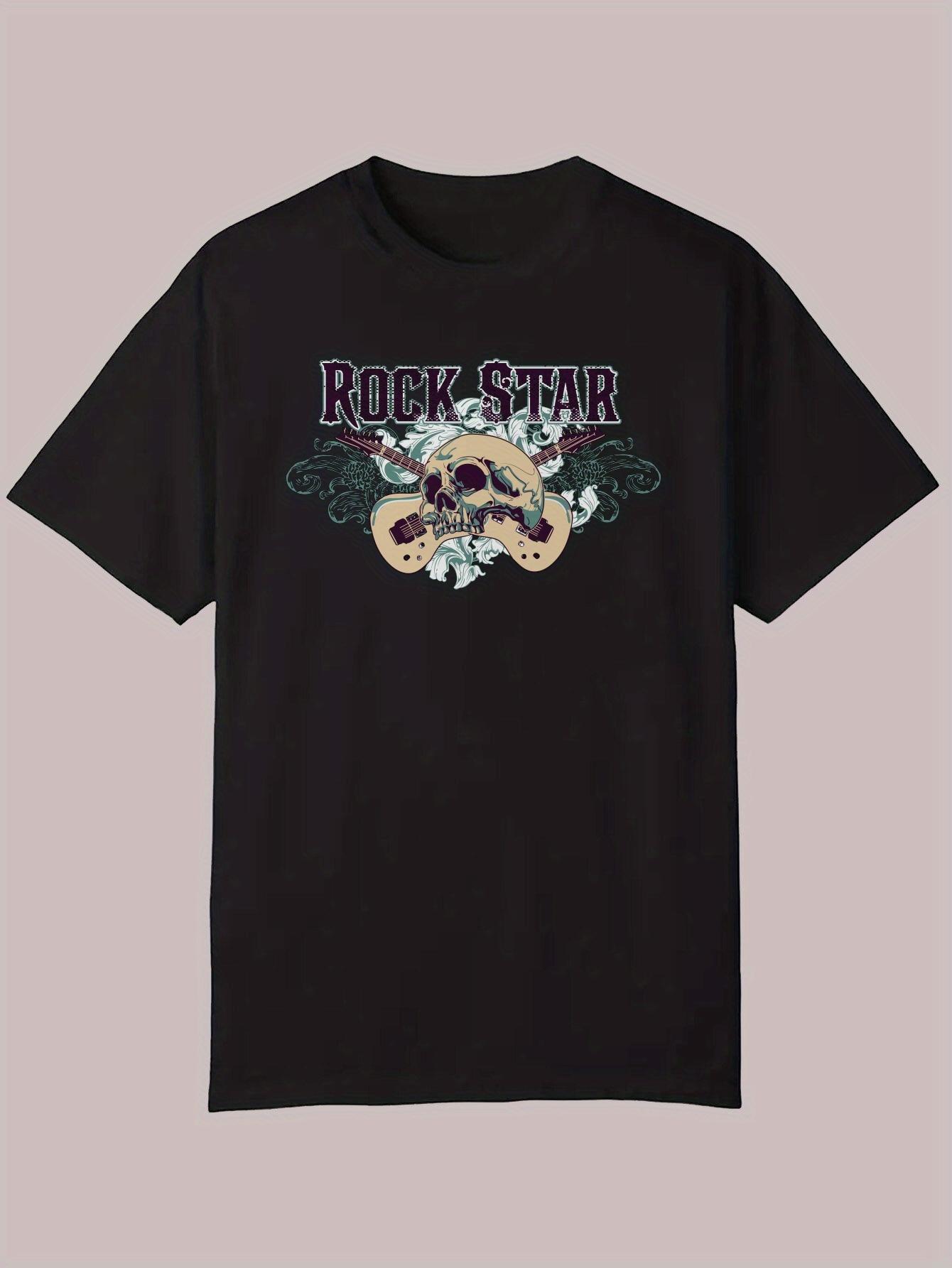 Rock Star Graphic T-shirt - Black Casual Crew Neck Tee with Purple Skull & Floral Design L