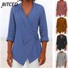 Women's Fashion Casual Solid Color Print Long Sleeve V Neck Blouses & Shirts International Design