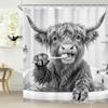 Tenda da Doccia Mucca delle Highlands, Ritratto di Toro Rustico Animale da Fattoria Tessuto Grigio Bianco Arredo Bagno Con 12 Ganci, 1 Pezzo