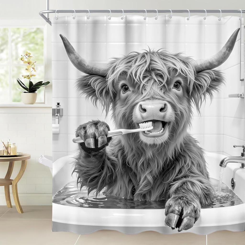 Tenda da Doccia Mucca delle Highlands, Ritratto di Toro Rustico Animale da Fattoria Tessuto Grigio Bianco Arredo Bagno Con 12 Ganci, 1 Pezzo