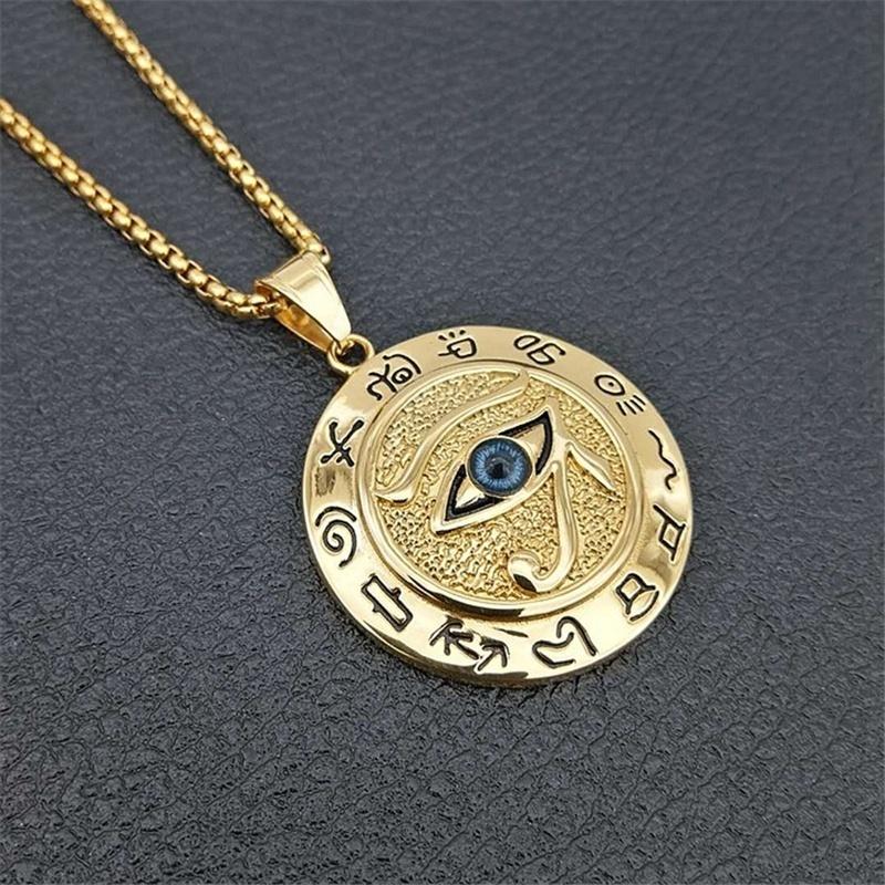 Eye of Horus Muslim Rune Pattern Round Pendant Necklace Men's Necklace Sliding Pendant Metal Necklace Amulet Accessory Jewelry