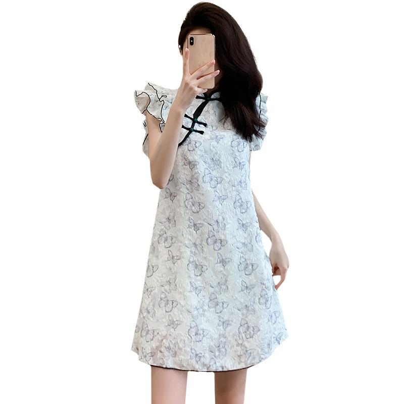 

Retro Butterfly Print Puff Sleeve Slimming Dress Large