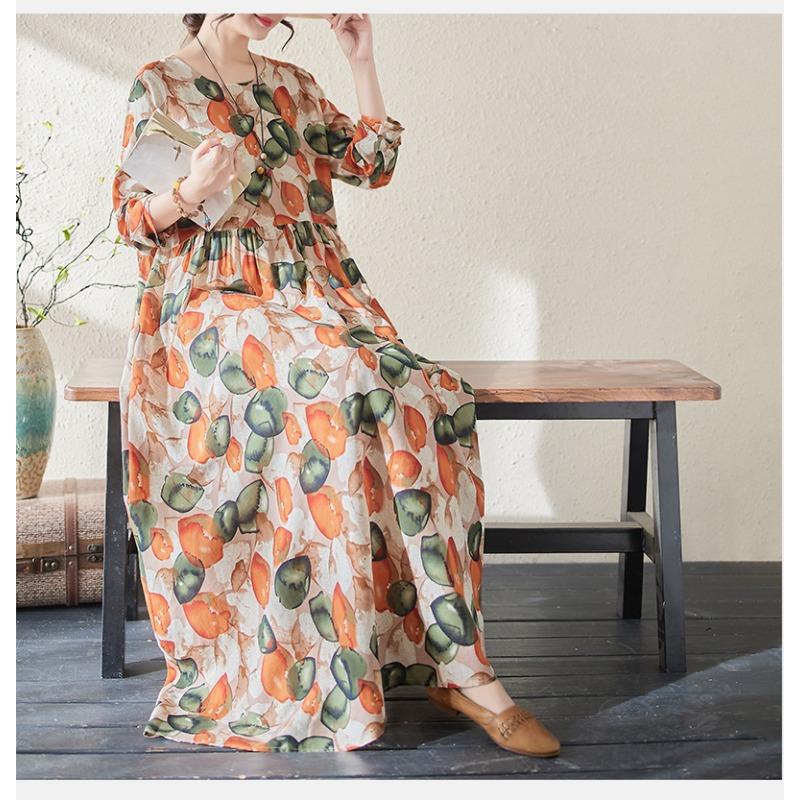 DIMANAF 2024 Rochie de primăvară mărime Plus pentru femei, rochie boemă ocazională cu imprimeu floral, rochie lejeră pentru plajă, decolteu O, verde, femeie