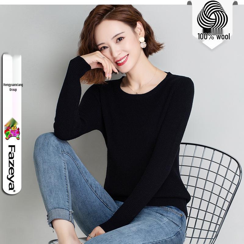 Hengyuanxiang Women's Pure Wool Round Neck Sweater - Solid Color Casual Knitwear for Spring, Autumn, and Winter