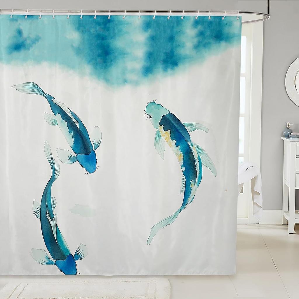 Kids Koi Fish Shower Curtain Boys Girls Japanese Wave Bathroom Shower Curtain Set Japanese Style Bath Curtain Fish Pattern