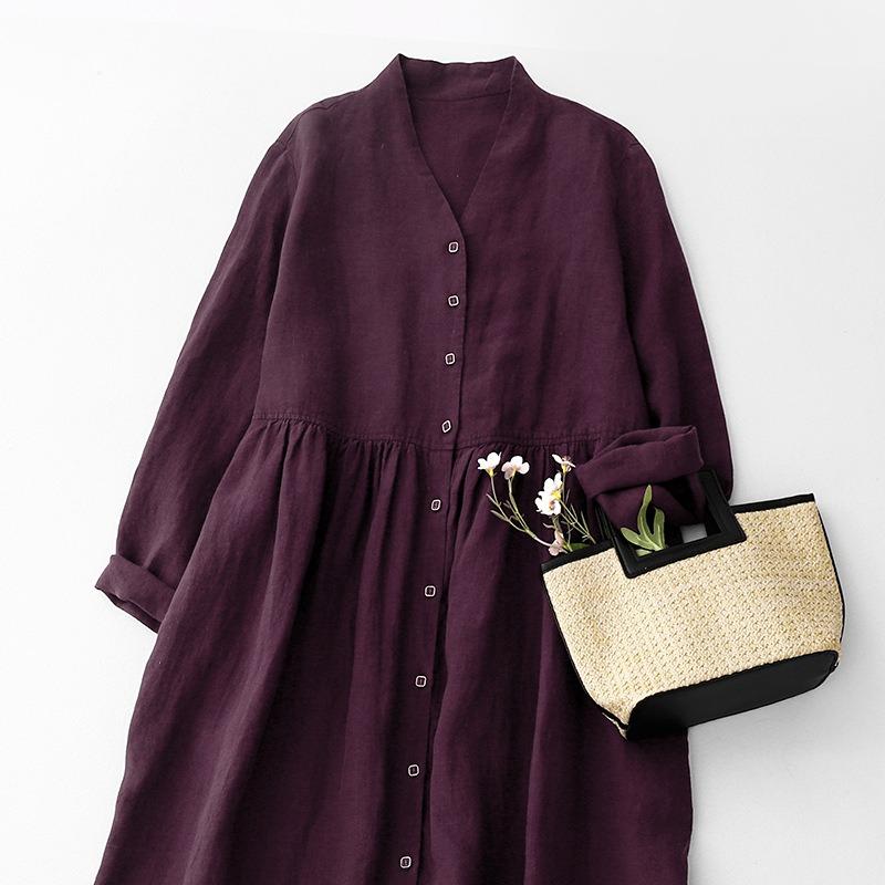 Spring and Autumn Women's Cotton and Linen V-neck Open Door Placket Two-wear Long-sleeved Slimming Dress