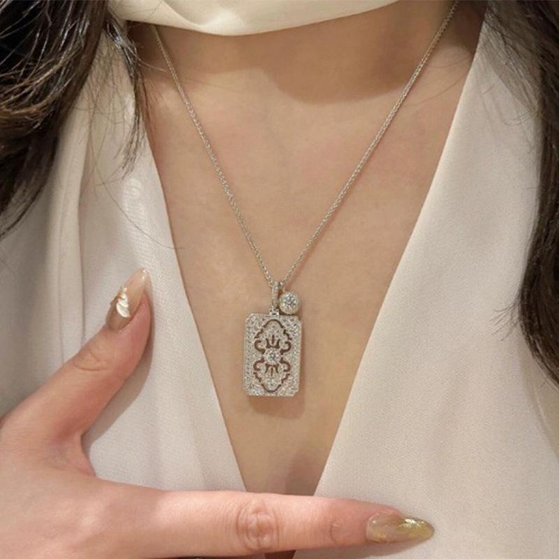 925 Sterling Silver Vintage Diamond Pendant Necklace – French Retro Court Style for Women