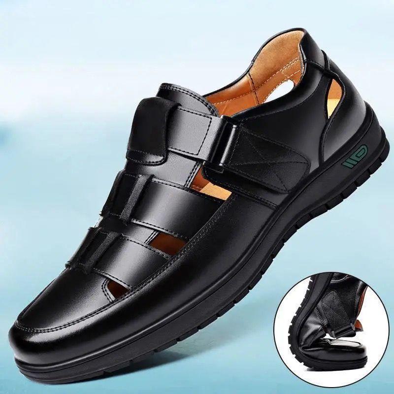 Men's Leather Shoes Business Casual Dress Single Shoes Soft Sole Non-slip 2025 Summer Men's Sandals Old Dad Shoes