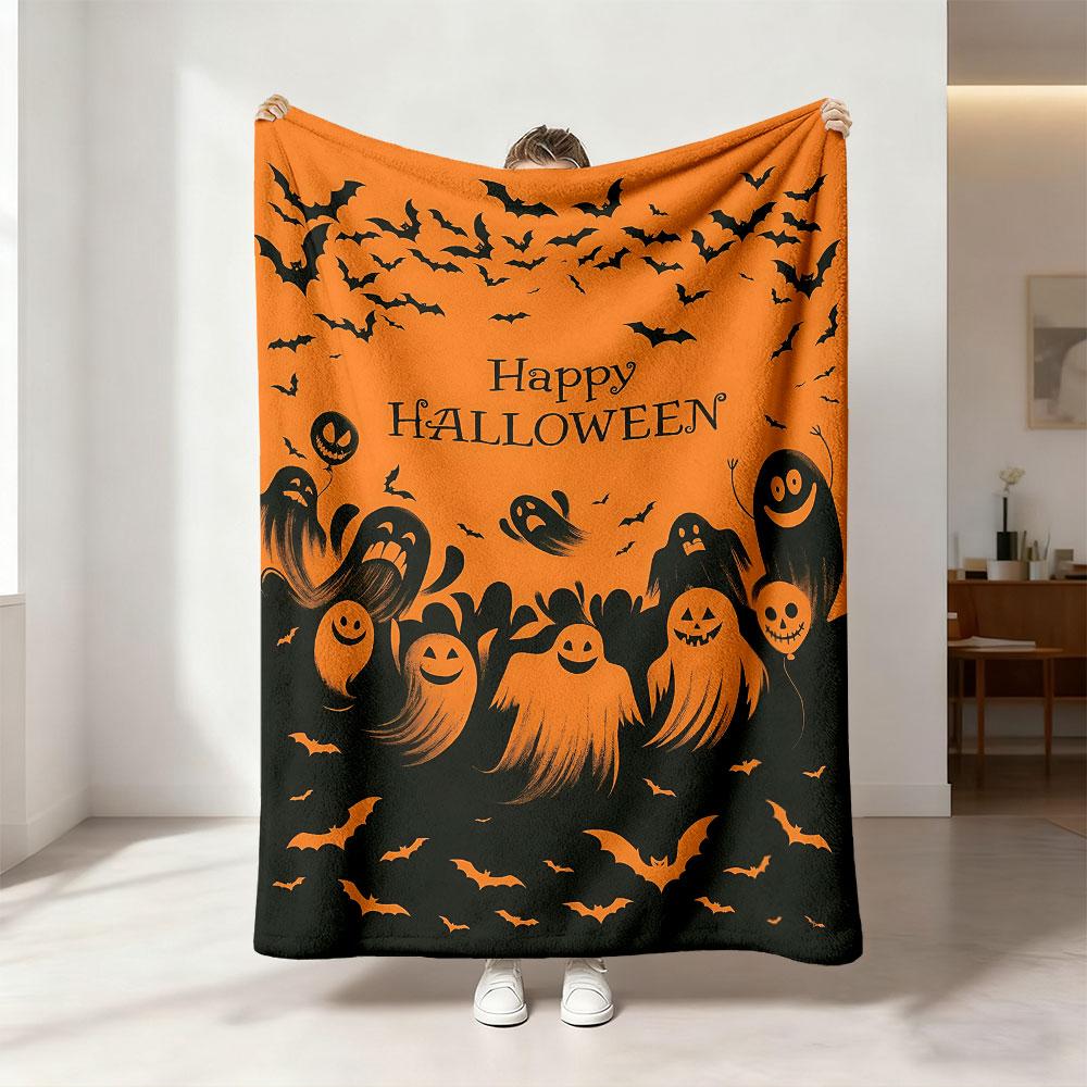 1 piece printed flannel throw blanket with Halloween ghost, pumpkin bat patterns suitable for all seasons a great gift option
