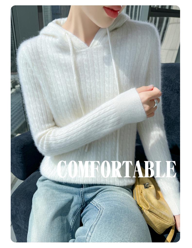 Damen Oversize Zopfstrick-Wollpullover mit Kapuze und Kordelzug: Herbst/Winter Pullover im literarischen Stil