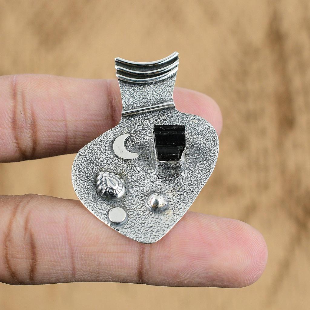 925 Sterling Silver Radiant Black Tourmaline Rough Stone Birthday New Pendant