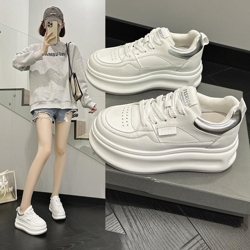 New cowhide casual shoes women's thick-soled inner height increase wear-resistant sports little white shoes women's lace-up women's shoes