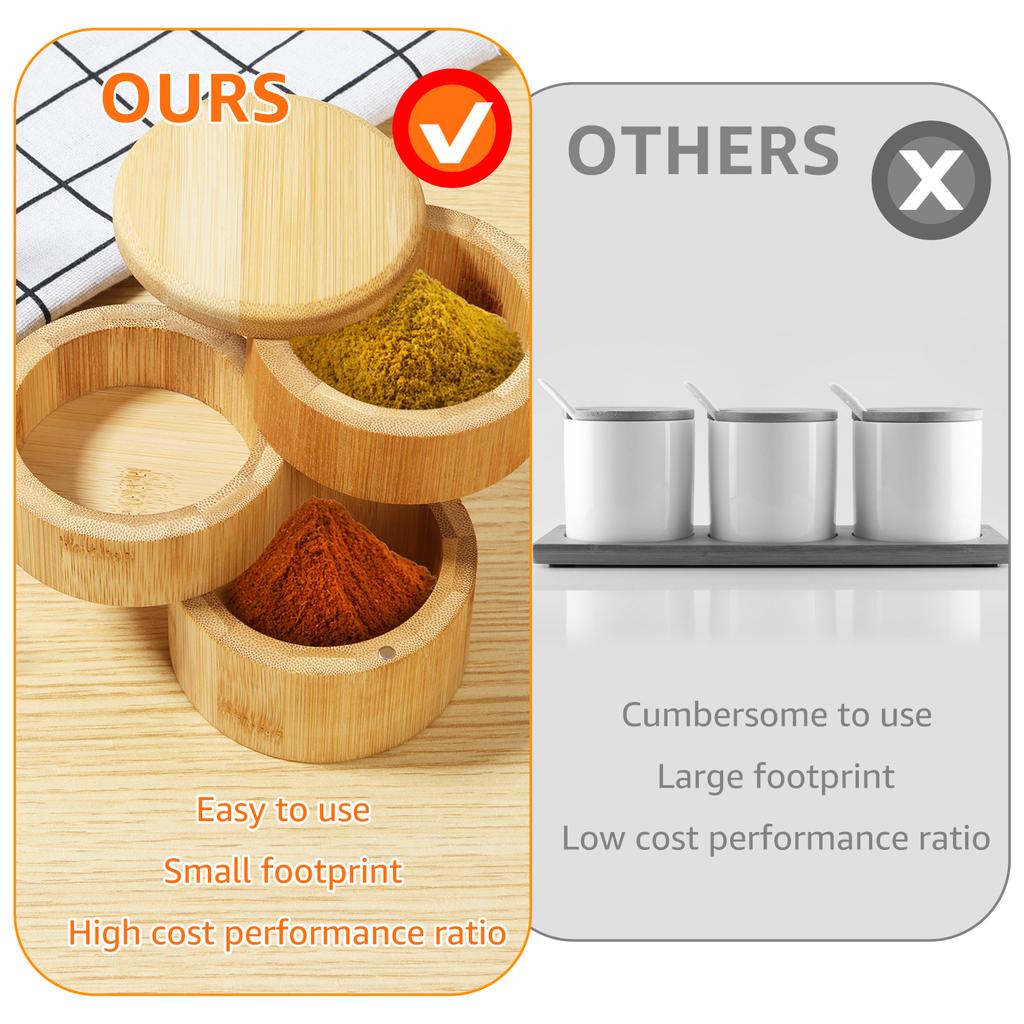 3Tier Salt Box Spice Jar Kitchen Seasoning Jar Bamboo Pepper Container Jar with Magnetic Lid Candy Earring Jewelry Salt Storage