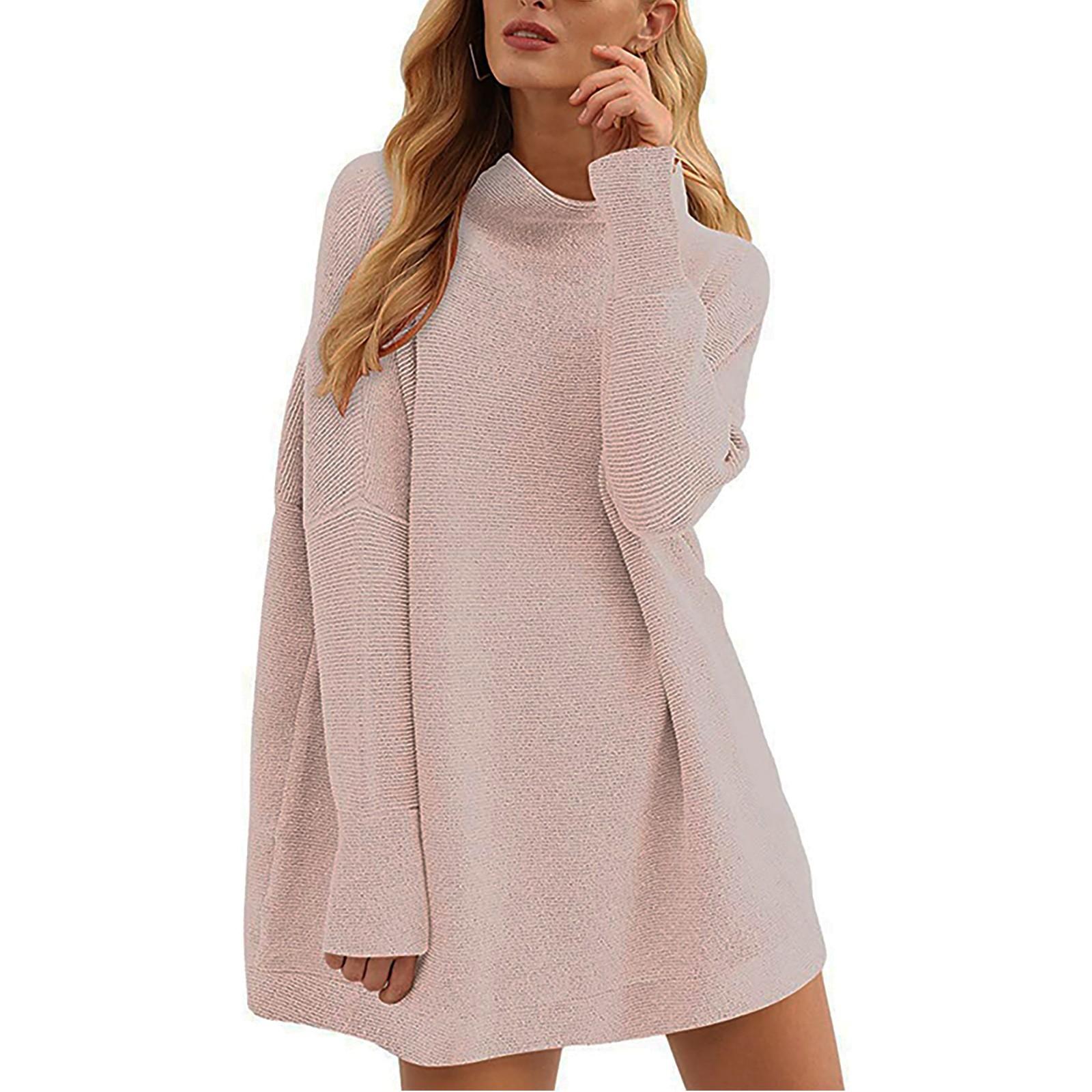 

Женский повседневный модный однотонный пуловер с высоким воротником, свободный вязаный свитер M розовый