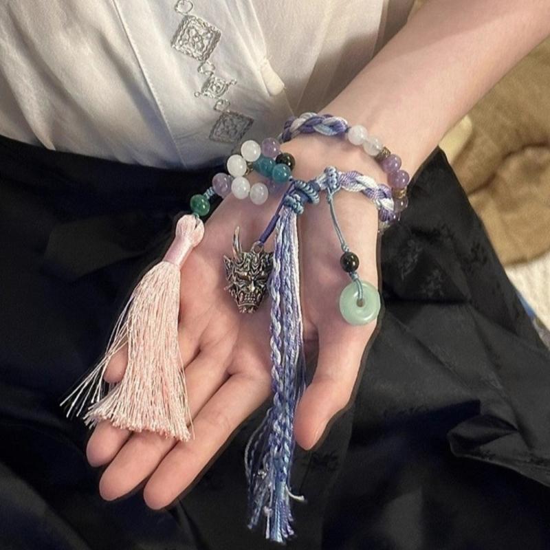 Colorful Tassels Bangle Ethnic Themed Bracelet Hand Woven Wristchain Jewelry Handcrafted Chinese Tibetan Wristband