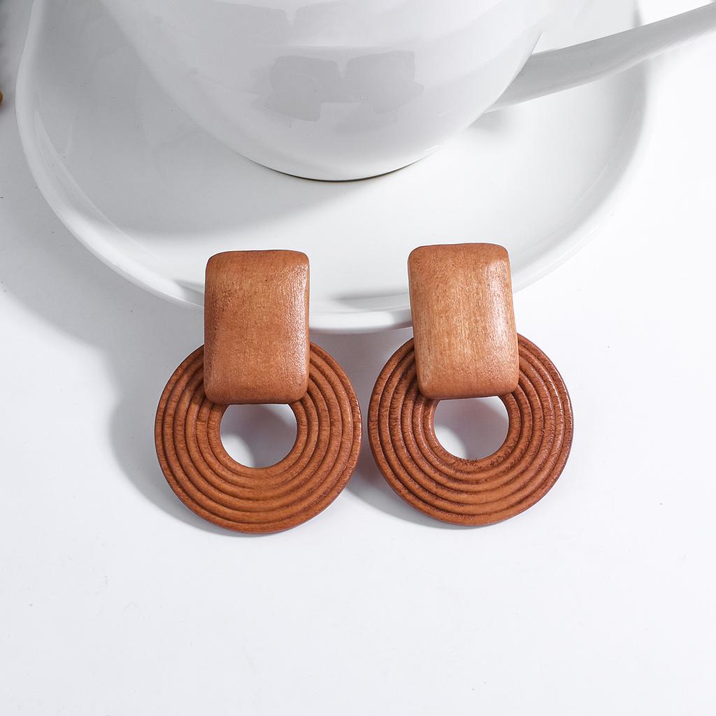 Handmade Geometric Wooden Rattan Braid Drop Earrings for Women Ethnic Bohemia Statement Earring Jewelry