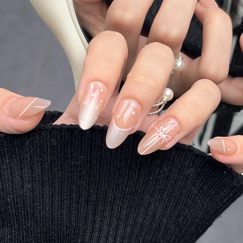 

Наклейки для носимых накладных ногтей с французским кончиком и бантиком в горошек со стразами All S Size#30 Strips/Board