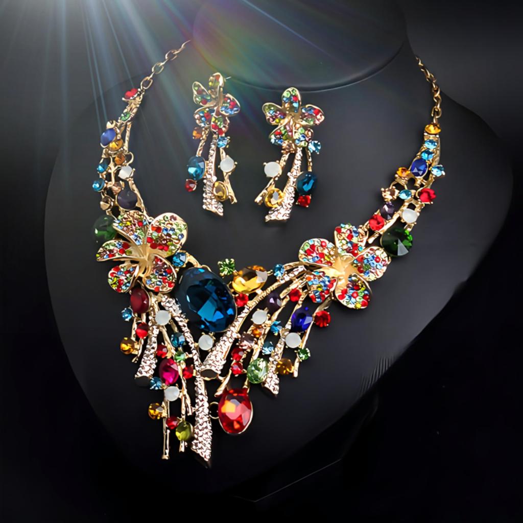 [KK Solis] Orchid Motif Earrings & Necklace Set with Marquise & Teardrop Crystals - Perfect for Concerts, Dance Performances, Recitals,