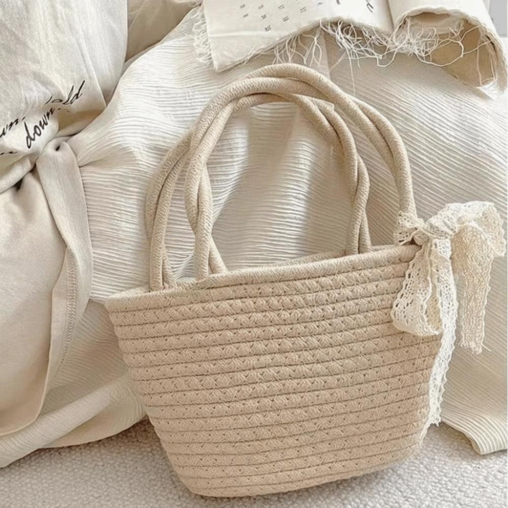 Cotton Thread Woven Cotton Rope Woven Bag Pure Color Lightweight Handbag Bucket Shape Boho Storage Basket Resort Wear