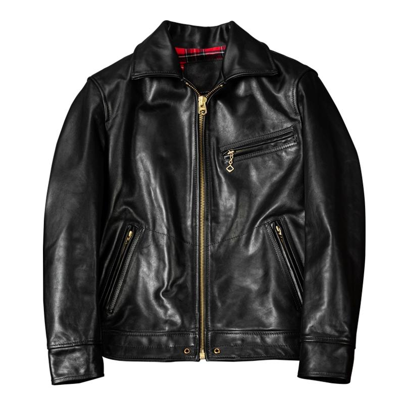 Genuine Horsehide Leather Jacket for Men Slim Fit with Notched Collar Vegetable Tanned Tea Core