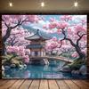 Arazzo Giardino Giapponese, Alberi di Ciliegio e Pagoda sul Ponte, Paesaggio Panoramico Appeso a Parete per Sfondo Casa e Dormitorio