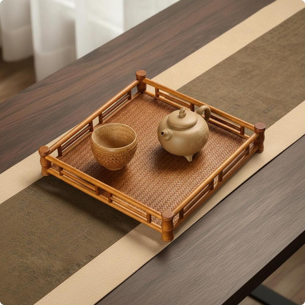 Serving Tray with Woven Central Panel Handcrafted Bamboo for Tabletop Display Highrail