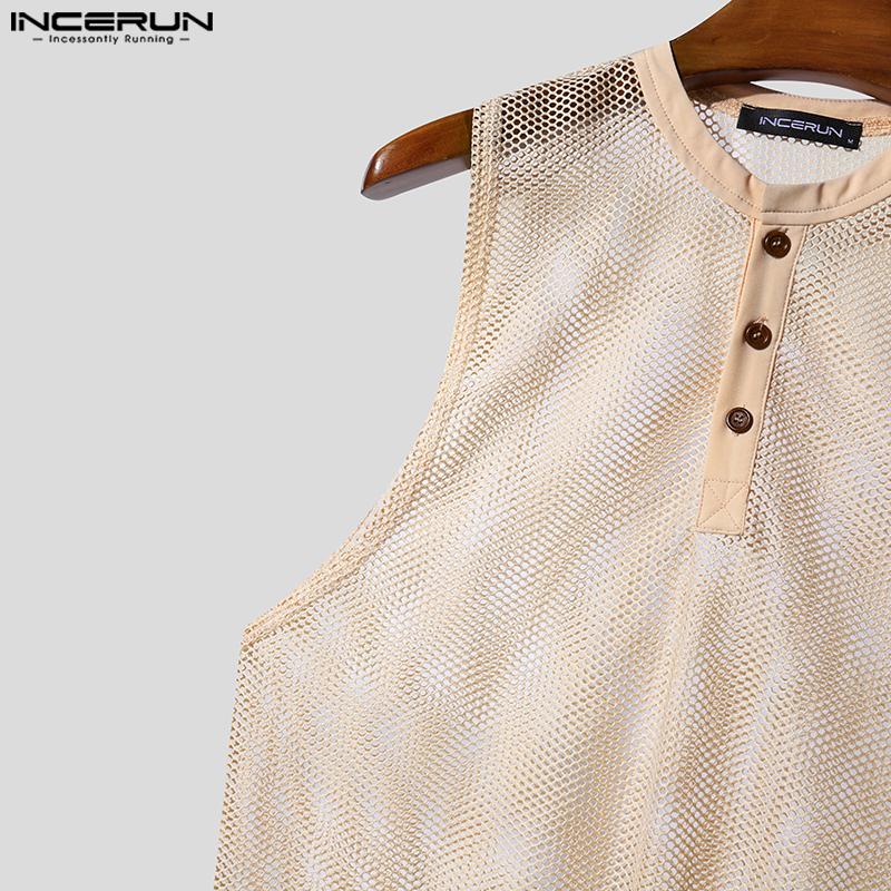 INCERUN Men Sleeveless See Through Hollow Out Loose Tank Tops